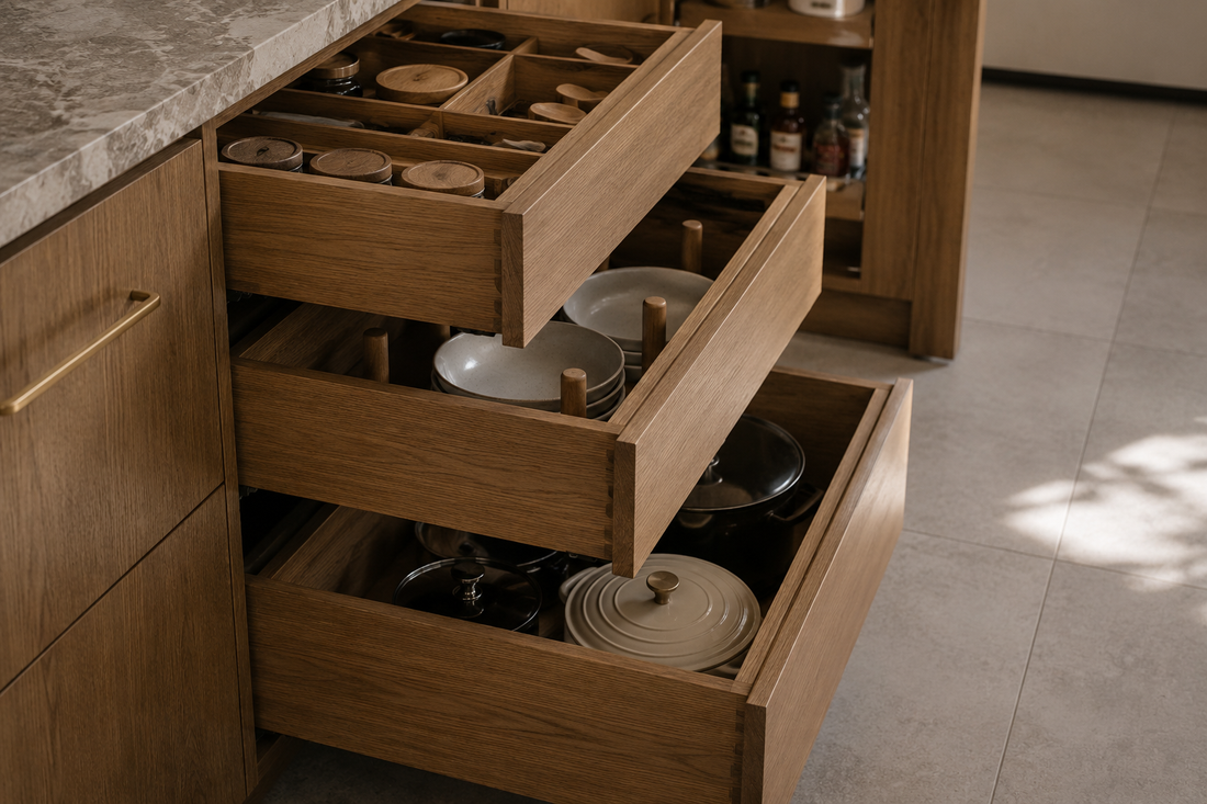 Handleless kitchen cabinetry with open timber drawers and integrated finger-pull design