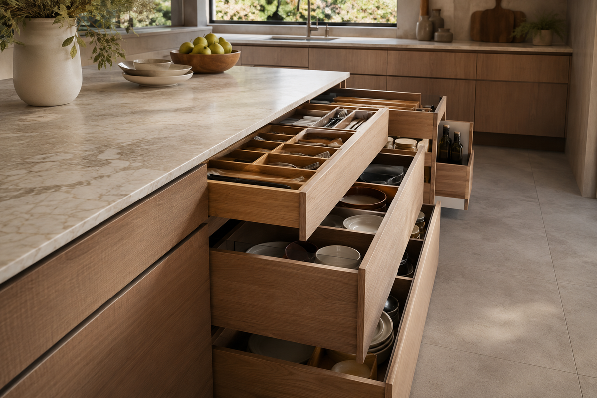 Modern Australian kitchen with timber cabinetry, open drawers and organised internal storage