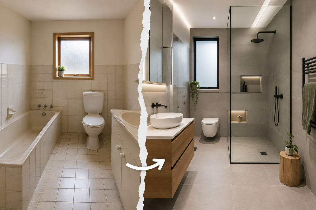 Before and after bathroom renovation showing a new layout with relocated plumbing fixtures