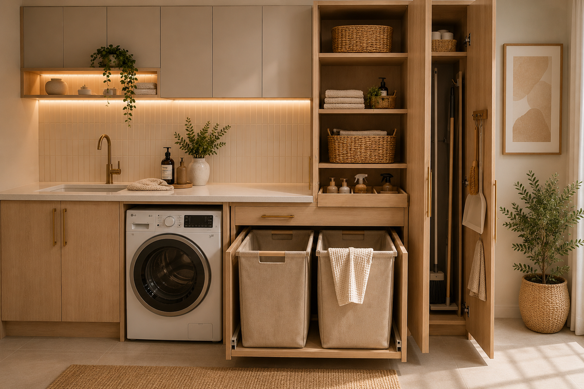 Modern small laundry renovation with built-in cabinetry, storage and front-loading appliances