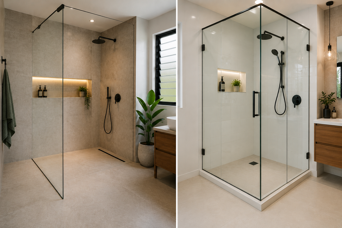 Walk-in shower compared with glass shower cubicle in a modern bathroom