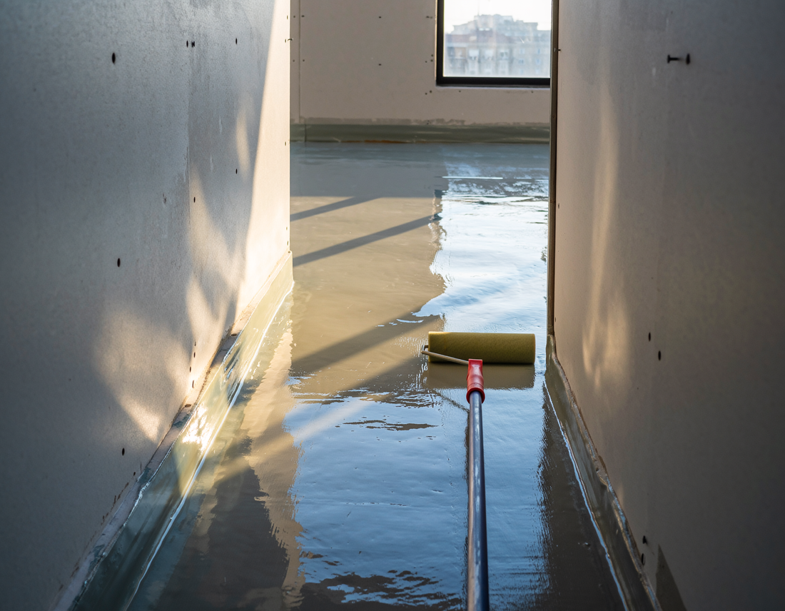 Bathroom waterproofing during an Australian bathroom renovation showing waterproof membrane in a shower area