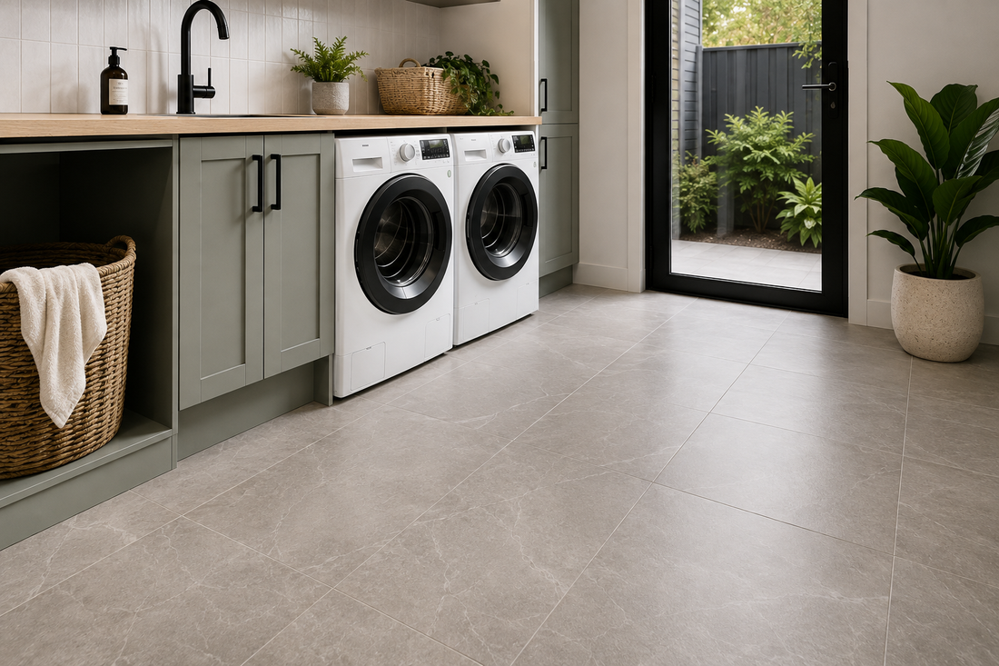 Modern Australian laundry with large format floor tiles, built-in cabinetry and side-by-side washer and dryer, showing a practical laundry flooring design.
