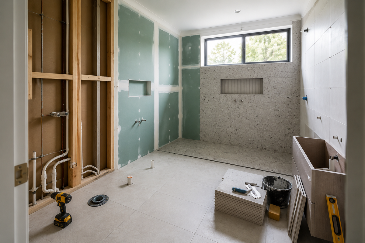Bathroom renovation in progress showing plumbing, wall preparation and tiling during different stages of construction